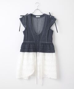 PINK HOUSE / ピンクハウス ベスト | オールドデニム×ローンフリルロングベスト