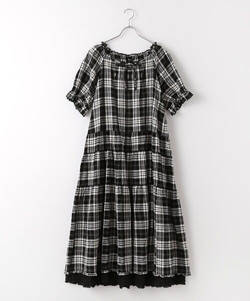 コットンリネンタータンチェックロングティアードワンピース (ロング