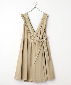 Pink House ベージュひざ丈ワンピース 半袖 PINK HOUSE ワンピース ひな菊コサージュプリントパッチワーク