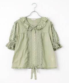 美品　PINKHOUSE 花柄　クロスステッチ　リボン　ブラウス　半袖　フリル袖 セール】 クロスステッチ刺繍使いブラウス （シャツ・ブラウス