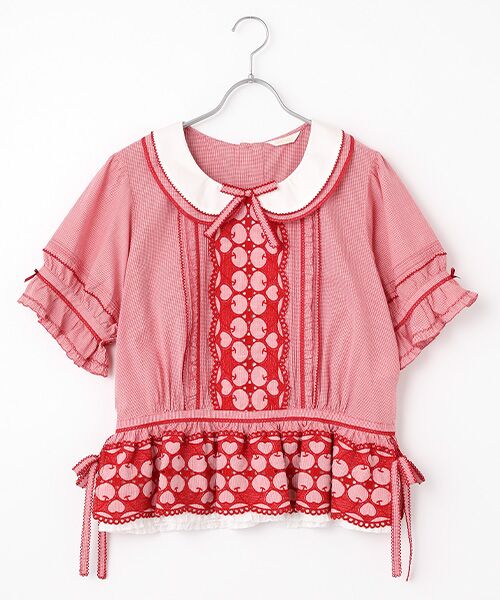 PINKHOUSE ピンクハウス　ギンガム　チェック　チュニック　シャツ. チェリーレース使いギンガムチェックブラウス （シャツ