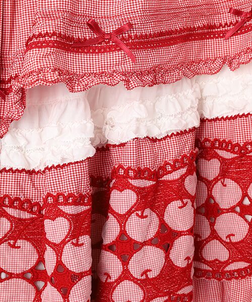 ピンクハウス 赤 小花ドット柄 リボン使い ジャンパースカート セール】 PINK HOUSEワッペン使い吊り裏毛スカート （ロング