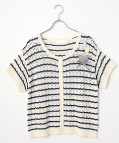 PINK HOUSE / さざ波とねこミニブローチ付きニットカーディガン