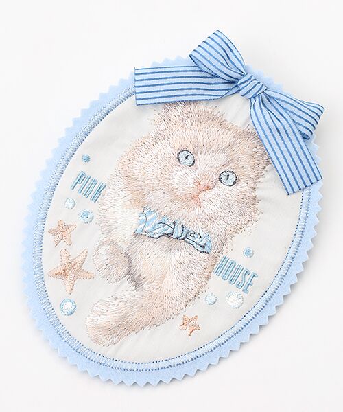 さざ波とねこ刺繍ワッペン （ブローチ・コサージュ）｜PINK