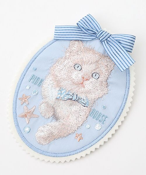 ピンクハウス パープル クローバーと白つめ草刺繍使い フード付き麻ジャケット さざ波とねこ刺繍ワッペン (ブローチ・コサージュ)|PINK