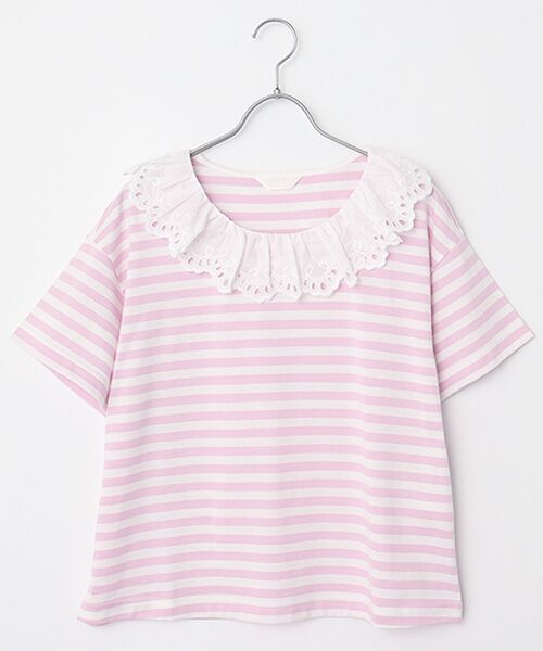 PINK HOUSE/ピンクハウス コットンレース使いボーダーカットソー シロ×ピンク F PINK HOUSE/ピンクハウス コットンレース使いボーダーカットソー シロ×ピンク F