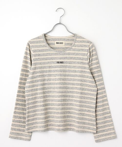 PINK HOUSE/ピンクハウス ロゴプリントボーダーカットソー グレー×キナリ L PINK HOUSE/ピンクハウス ロゴプリントボーダーカットソー グレー×キナリ L