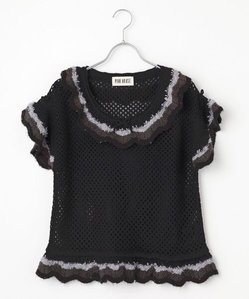 PINK HOUSE/ピンクハウス 配色フリル使い透かしニット クロ FREE PINK HOUSE/ピンクハウス 配色フリル使い透かしニット クロ FREE