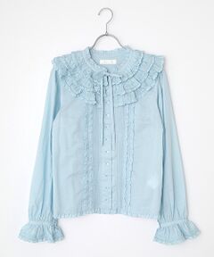 PINK HOUSE ピンクハウス　訳ありフリル付きホワイトコットン長袖シャツ ホワイトローズプリントフードブラウス （シャツ・ブラウス