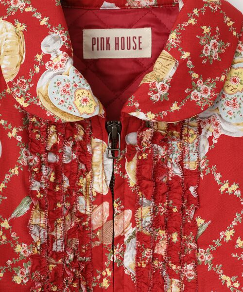 PINK HOUSE ピンクハウス　花柄フード付きブルゾン　ジャケット PINK HOUSE 花柄フード付きジャケット PINK HOUSE｜ホワイトローズ刺繍
