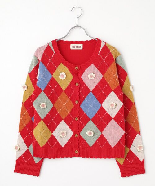 PINK HOUSE/ピンクハウス モチーフ付きアーガイルニットカーディガン アカ F PINK HOUSE/ピンクハウス モチーフ付きアーガイルニットカーディガン アカ F