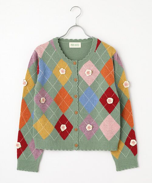 PINK HOUSE/ピンクハウス モチーフ付きアーガイルニットカーディガン ハッカ F PINK HOUSE/ピンクハウス モチーフ付きアーガイルニットカーディガン ハッカ F