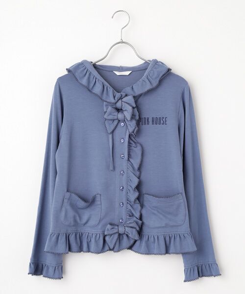 PINK HOUSE/ピンクハウス ロゴ刺繍フリル使いカーディガン ブルー F PINK HOUSE/ピンクハウス ロゴ刺繍フリル使いカーディガン ブルー F