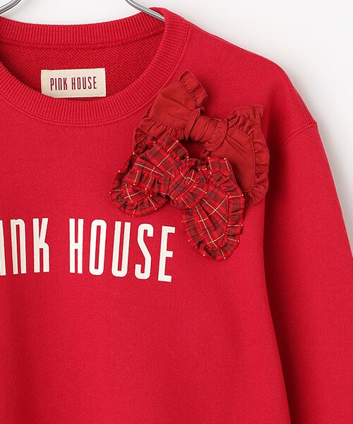 PINK HOUSE / ピンクハウス スウェット | ●チェック＆無地リボンブローチ付きロゴプリントトレーナー | 詳細2