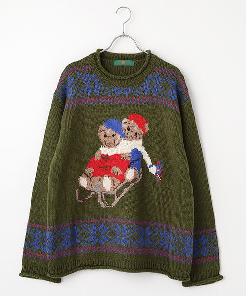 PINK HOUSE/ピンクハウス 三つ子のくま冬支度柄ニット カーキ F PINK HOUSE/ピンクハウス 三つ子のくま冬支度柄ニット カーキ F
