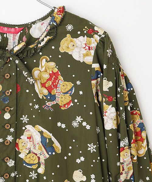 PINK HOUSE / ピンクハウス ロング・マキシ丈ワンピース | ●三つ子のくまの冬支度プリントワンピース | 詳細5