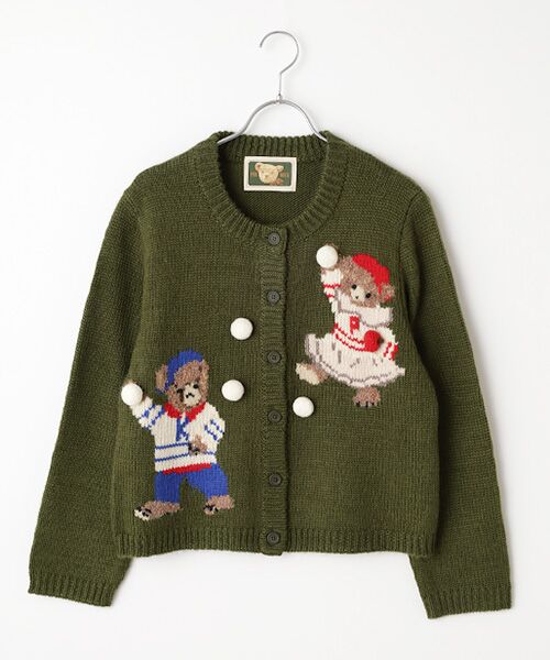 PINK HOUSE/ピンクハウス 三つ子のくまの冬支度モチーフニットカーディガン カーキ FREE PINK HOUSE/ピンクハウス 三つ子のくまの冬支度モチーフニットカーディガン カーキ FREE
