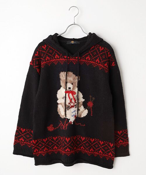 PINK HOUSE/ピンクハウス 三つ子のくまの冬支度モチーフニットパーカー クロ FREE PINK HOUSE/ピンクハウス 三つ子のくまの冬支度モチーフニットパーカー クロ FREE