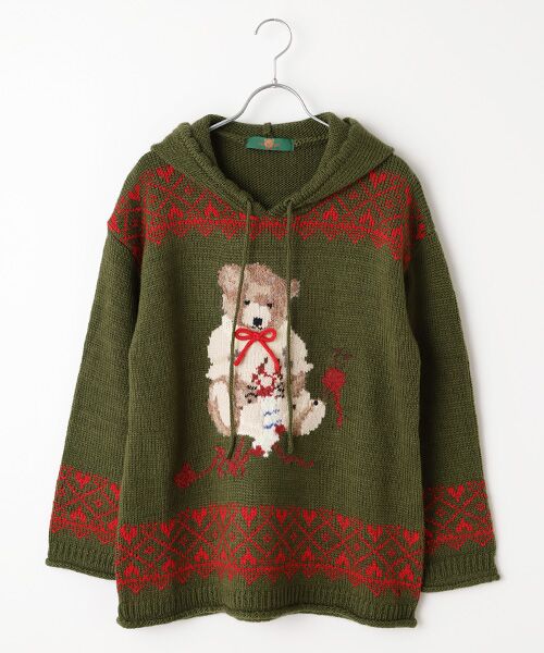 PINK HOUSE/ピンクハウス 三つ子のくまの冬支度モチーフニットパーカー カーキ FREE PINK HOUSE/ピンクハウス 三つ子のくまの冬支度モチーフニットパーカー カーキ FREE