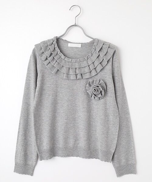 PINK HOUSE/ピンクハウス フラワーモチーフブローチ付きフリルニット 杢グレー FREE PINK HOUSE/ピンクハウス フラワーモチーフブローチ付きフリルニット 杢グレー FREE