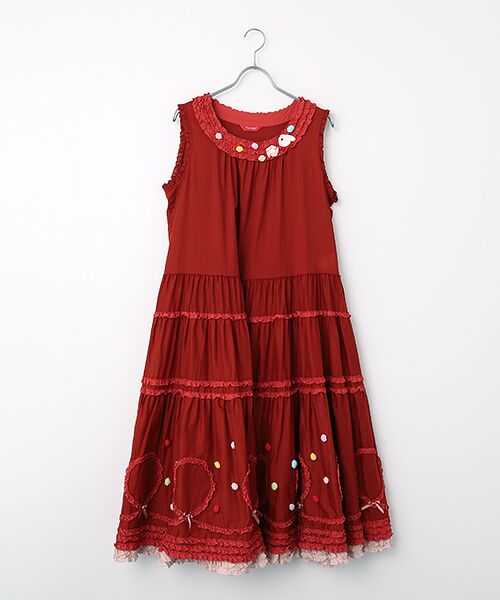 PINK HOUSE / ピンクハウス ロング・マキシ丈ワンピース | ポップルフリル使いワンピース（アカ）