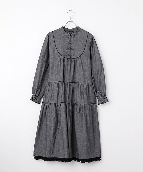 PINK HOUSE / ピンクハウス ロング・マキシ丈ワンピース | ローンフリル使いダンガリーワンピース（クロ）