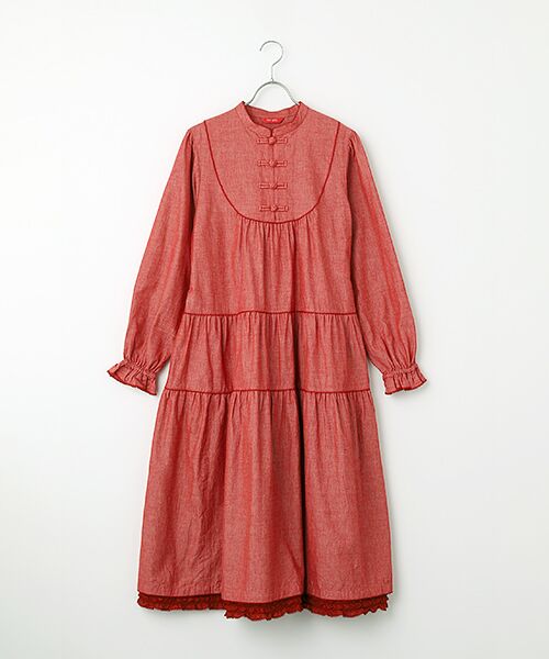 PINK HOUSE / ピンクハウス ロング・マキシ丈ワンピース | ローンフリル使いダンガリーワンピース（アカ）