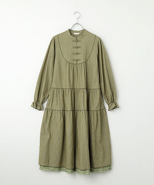 PINK HOUSE / ピンクハウス ロング・マキシ丈ワンピース | ローンフリル使いダンガリーワンピース（カーキ）