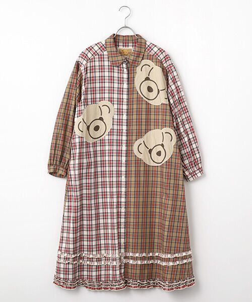 PINK HOUSE / ピンクハウス ロング・マキシ丈ワンピース | くまアップリケ使いオリジナルタータンチェックワンピース（シロ系）