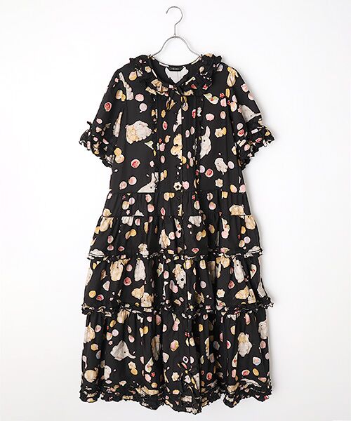 PINK HOUSE / ピンクハウス ロング・マキシ丈ワンピース | 幸見うさぎプリントフリルワンピース（クロ）