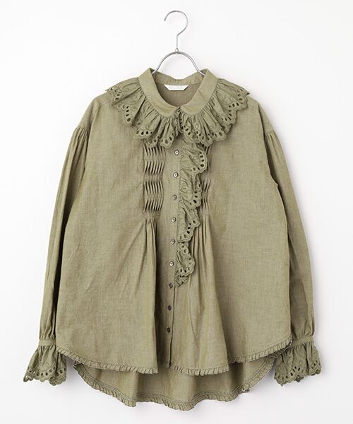 PINK HOUSE / ピンクハウス シャツ・ブラウス | スカラップレース使いダンガリーシャツブラウス（カーキ）