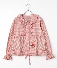苺ブーケ刺繍入りオリジナルチェックブラウス