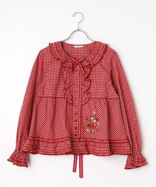 PINK HOUSE / ピンクハウス シャツ・ブラウス | 苺ブーケ刺繍入りオリジナルチェックブラウス（アカ系）