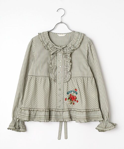 PINK HOUSE / ピンクハウス シャツ・ブラウス | 苺ブーケ刺繍入りオリジナルチェックブラウス（グリーン系）