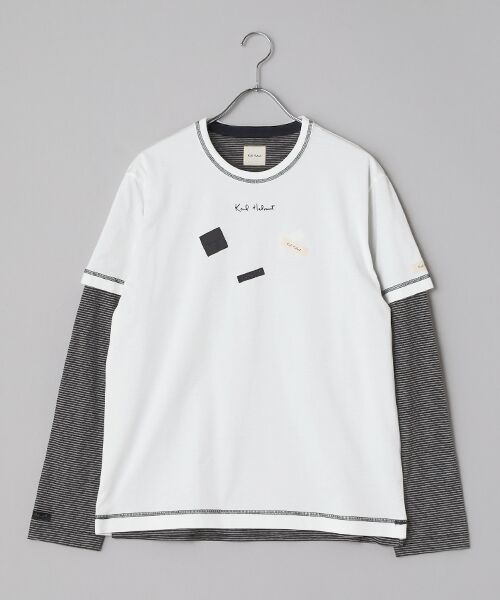 PINK HOUSE / ピンクハウス カットソー | ロゴ＆ネームワッペンＴシャツとボーダー長袖Ｔシャツのセット（オフ×クロ・グレー）