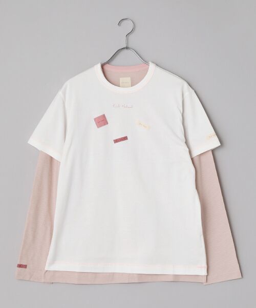 PINK HOUSE / ピンクハウス カットソー | ロゴ＆ネームワッペンＴシャツとボーダー長袖Ｔシャツのセット（オフ×ピンク・キナリ）