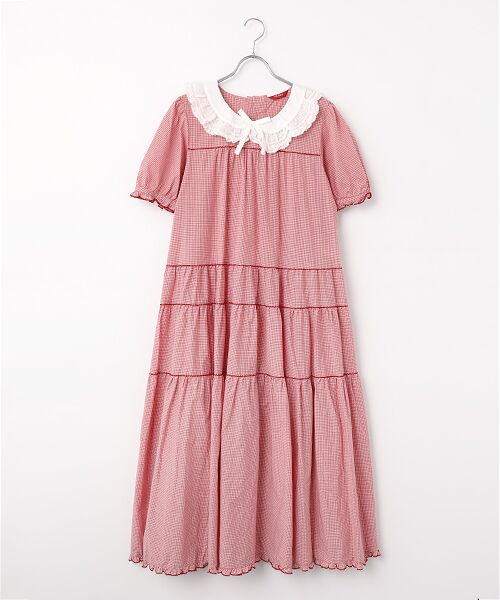PINK HOUSE / ピンクハウス ロング・マキシ丈ワンピース | ローン襟付きギンガムチェックワンピース（アカ）