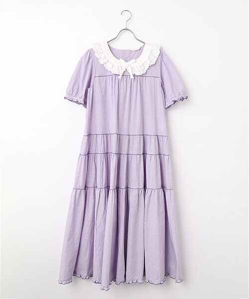 PINK HOUSE / ピンクハウス ロング・マキシ丈ワンピース | ローン襟付きギンガムチェックワンピース（ラベンダー）