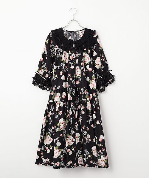 PINK HOUSE / ピンクハウス ロング・マキシ丈ワンピース | ポワン・ド・ローズプリントミディワンピース（クロ）