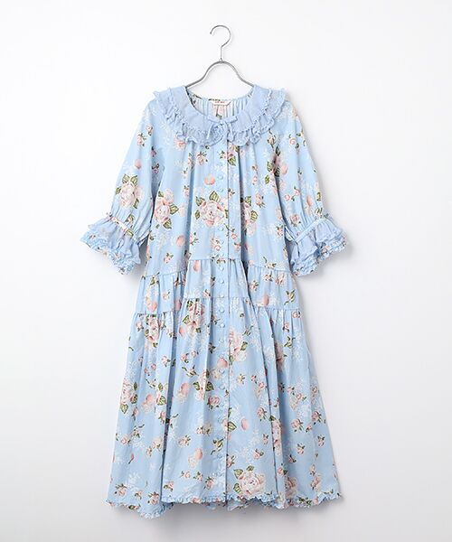 PINK HOUSE / ピンクハウス ロング・マキシ丈ワンピース | ポワン・ド・ローズプリントミディワンピース（アクアマリン）