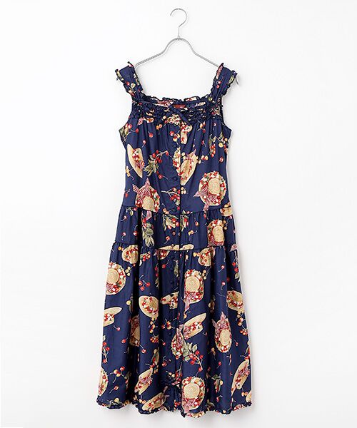 PINK HOUSE / ピンクハウス ロング・マキシ丈ワンピース | さくらんぼの日曜日プリントノースリーブワンピース（ネイビー）