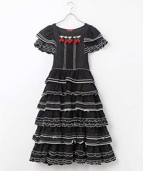 PINK HOUSE / ピンクハウス ロング・マキシ丈ワンピース | チェリーモチーフ使いフリルワンピース（クロ）