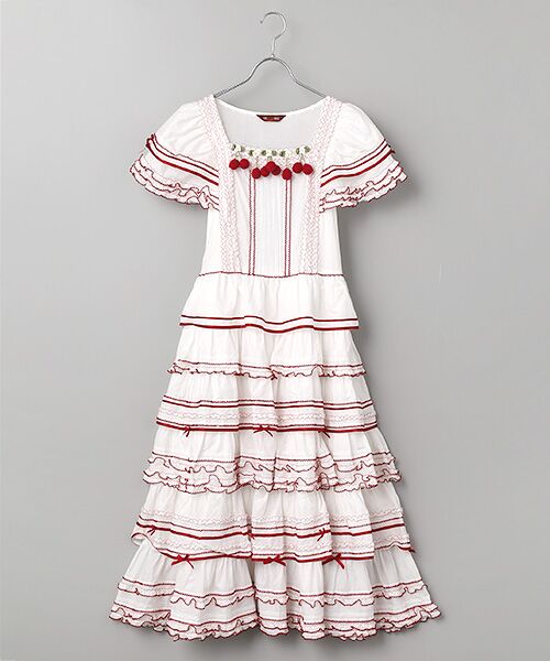 PINK HOUSE / ピンクハウス ロング・マキシ丈ワンピース | チェリーモチーフ使いフリルワンピース（シロ×アカ）