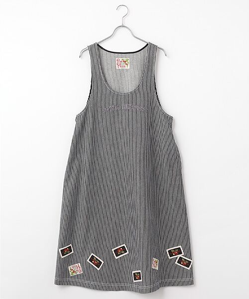 PINK HOUSE / ピンクハウス ロング・マキシ丈ワンピース | ネームワッペンいっぱいヒッコリージャンパースカート（クロ）