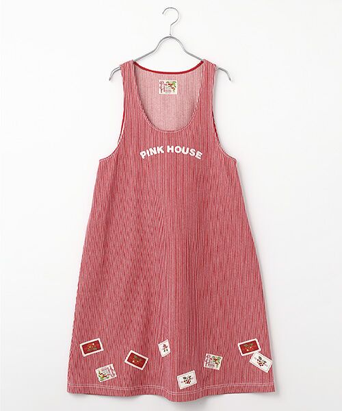 PINK HOUSE / ピンクハウス ロング・マキシ丈ワンピース | ネームワッペンいっぱいヒッコリージャンパースカート（アカ）