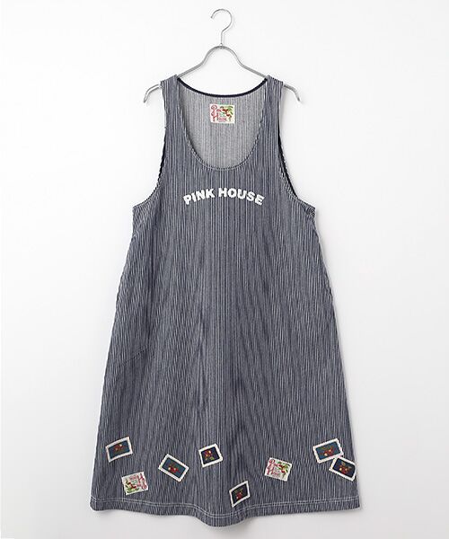 PINK HOUSE / ピンクハウス ロング・マキシ丈ワンピース | ネームワッペンいっぱいヒッコリージャンパースカート（インディゴ）
