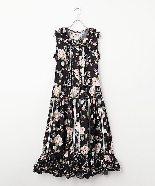 PINK HOUSE / ピンクハウス ロング・マキシ丈ワンピース | ポワン・ド・ローズプリントノースリーブワンピース（クロ）