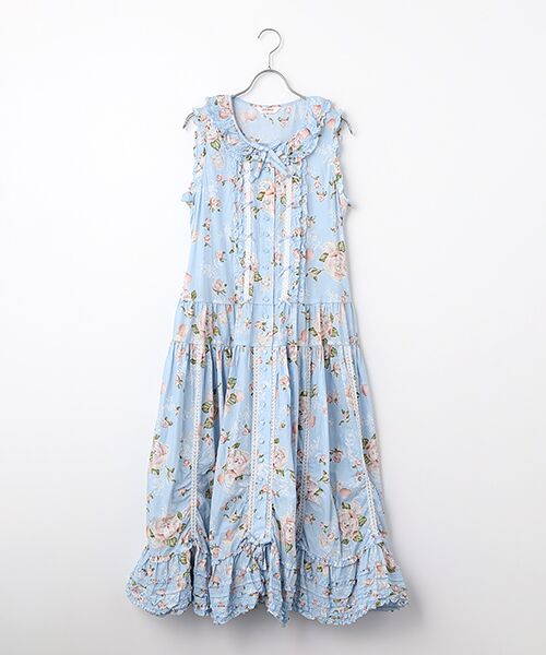 PINK HOUSE / ピンクハウス ロング・マキシ丈ワンピース | ポワン・ド・ローズプリントノースリーブワンピース（アクアマリン）