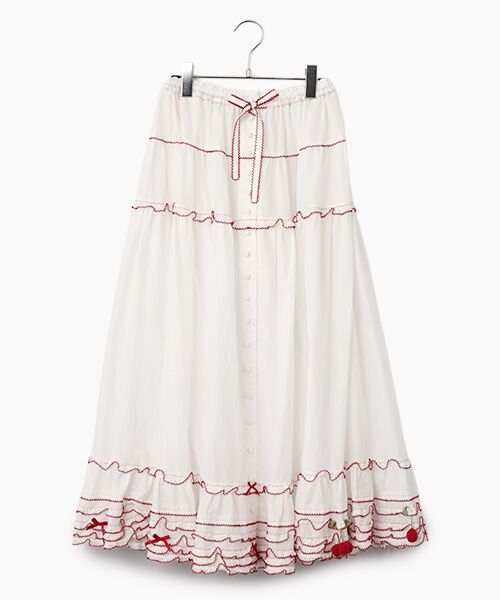 PINK HOUSE / ピンクハウス ロング・マキシ丈スカート | チェリーモチーフ使いフリルスカート（シロ×アカ）