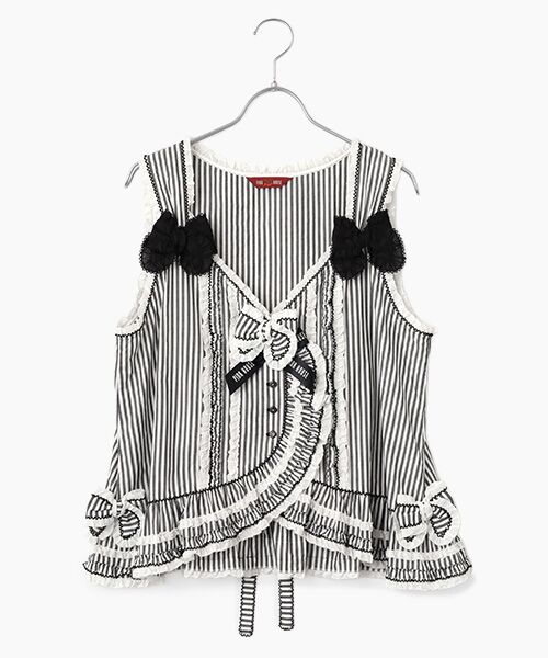 PINK HOUSE / ピンクハウス ベスト | ローンフリル使いストライプベストブラウス（クロ）